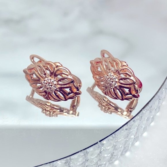 585 Rose Gold Plated Hollow Pattern Natural Zircon Earrings - Picture 3 of 9